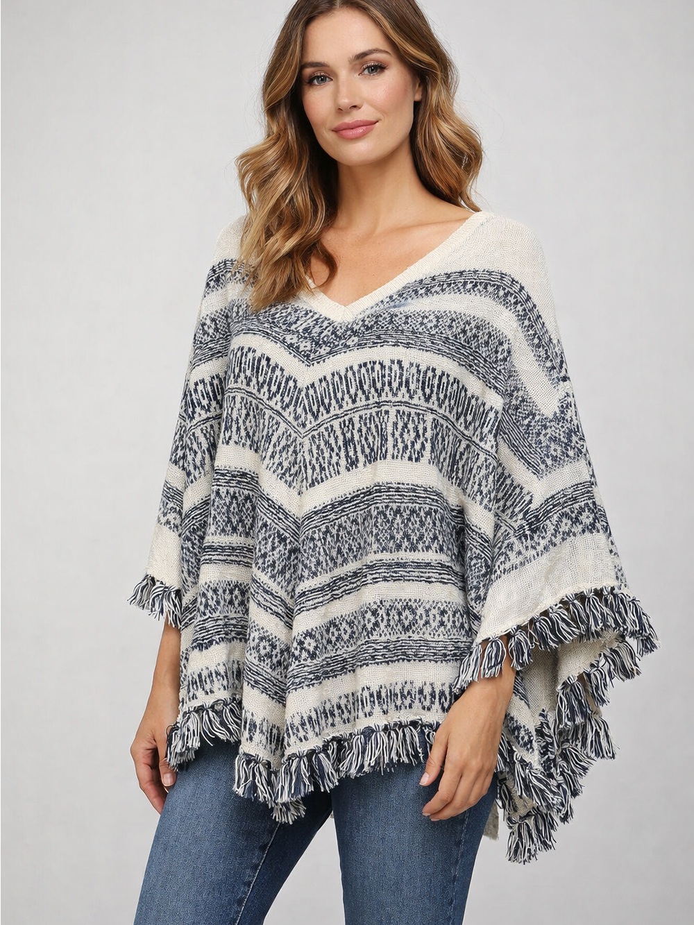 Calypso St. Barth Cream & Navy Striped V-Neck Fringe Poncho One Size